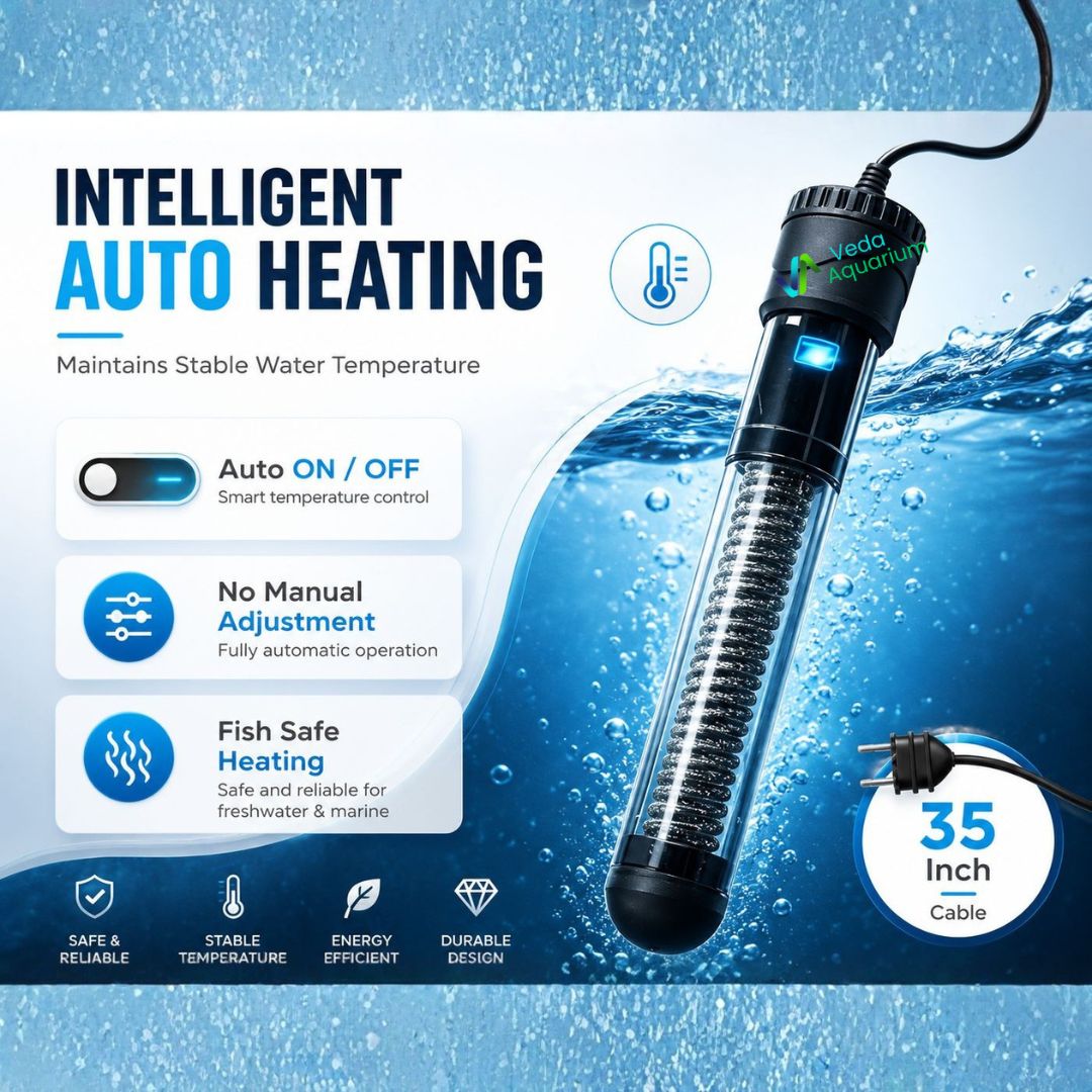 Aquarium heater with intelligent auto heating features on a blue water background