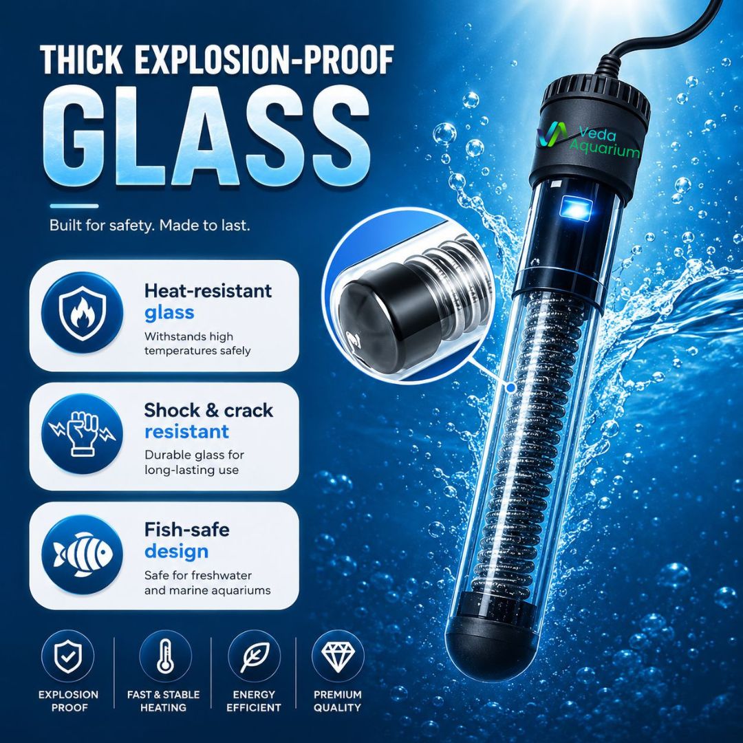 Aquarium heater with thick explosion-proof glass on a blue water background
